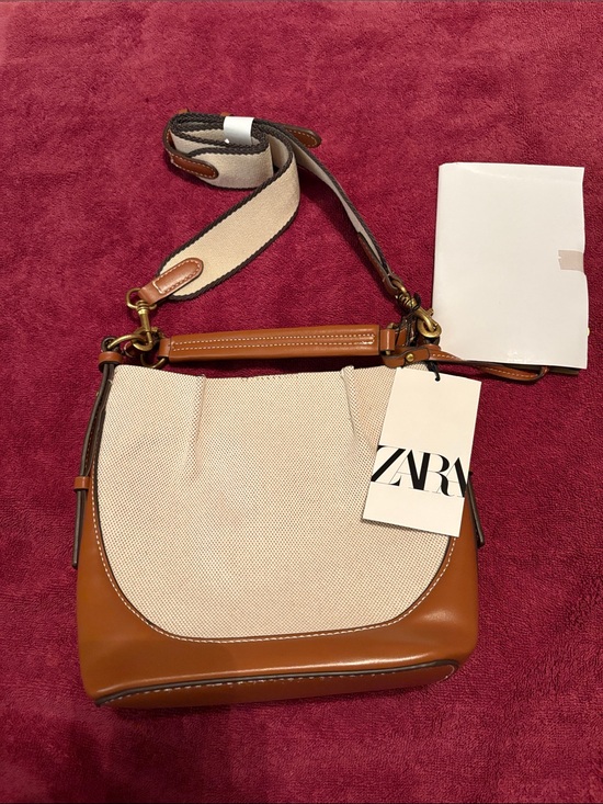 Zara Handbags - Zara Cream Canvas and Tan Faux Leather Bucket Bag NWT